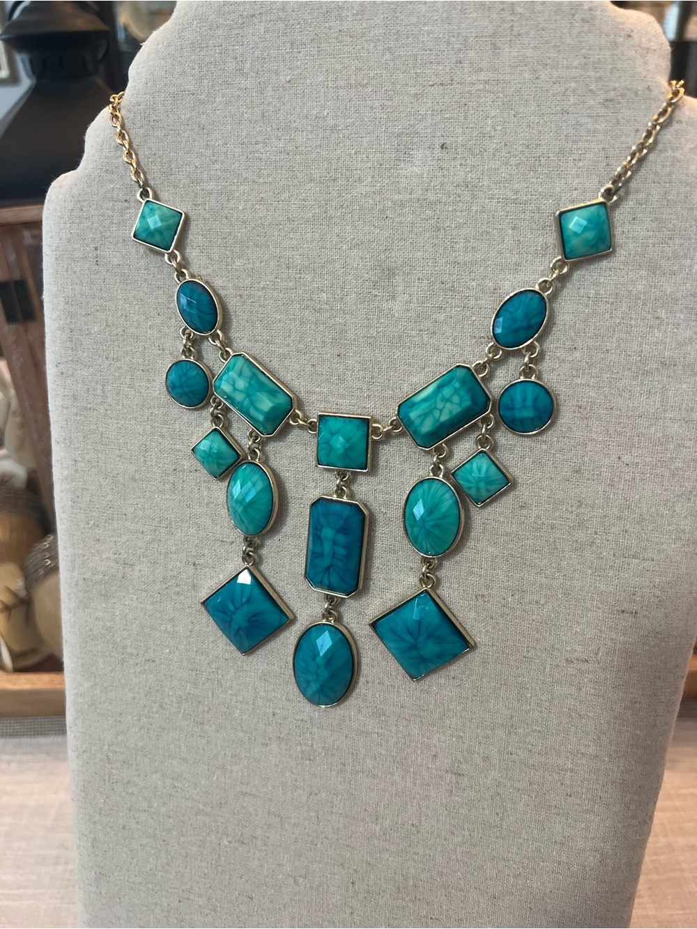 Gold-Tone Teal Blue Multi-Stone Statement Necklace